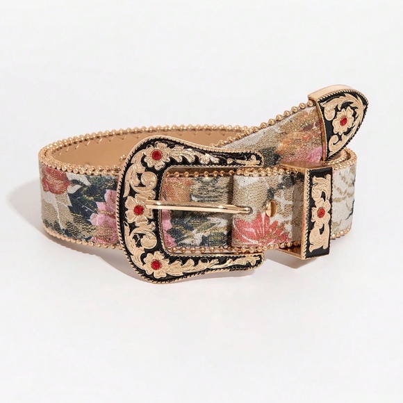 Western Floral Embroidered Rhinestone Gold Tone Buckle Belt - Picture 1 of 5